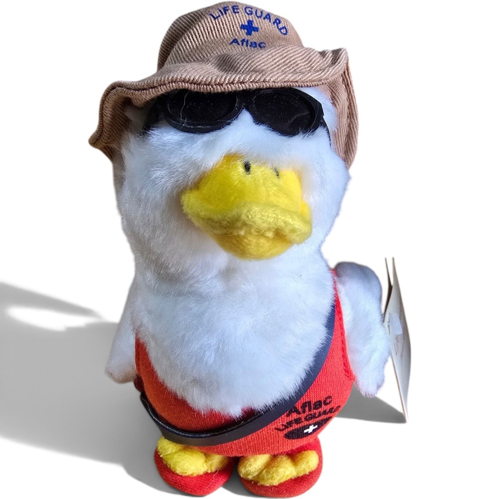 Aflac Duck Lifeguard Plush White Mascot Red Swimsuit Sunglasses Tan Hat 6 inch